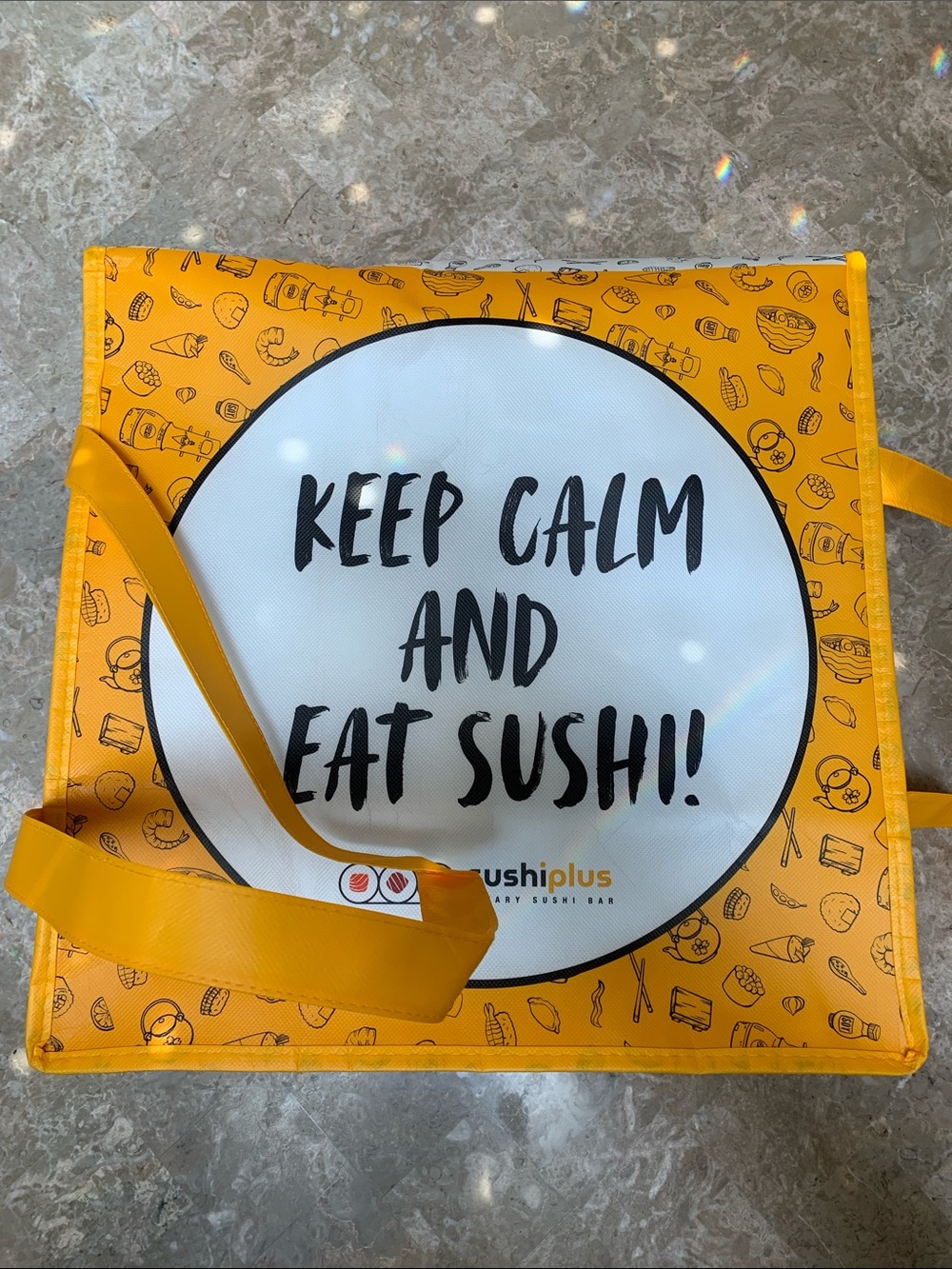 Stylish Yellow 'Keep Calm and Eat Sushi' Reusable Tote Bag. Pre-Owned.Sz:10x10x5
